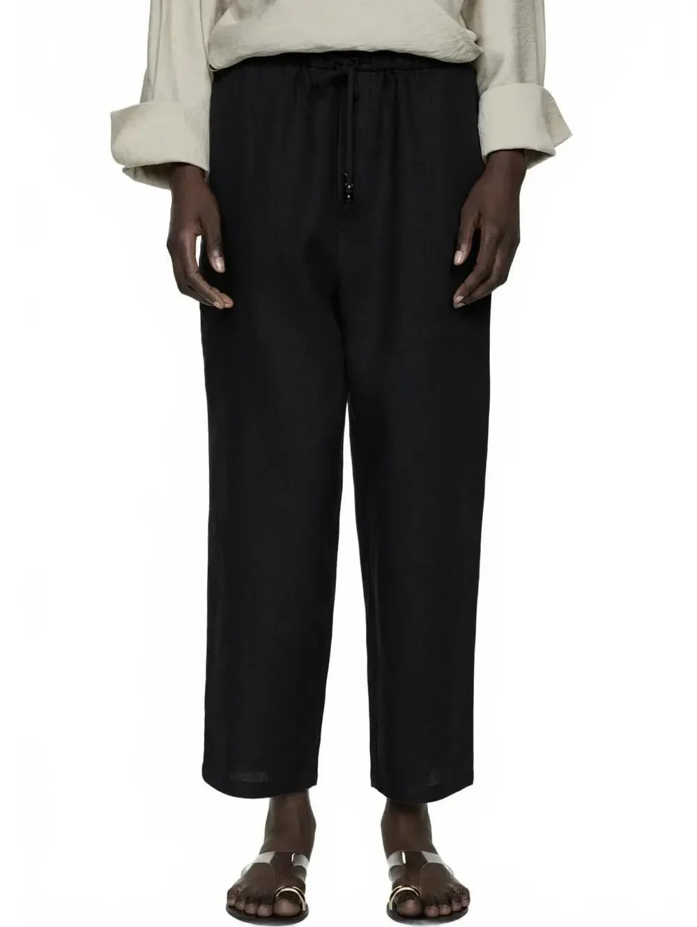 Mango Linen Pants with Drawstring Black Size Small
